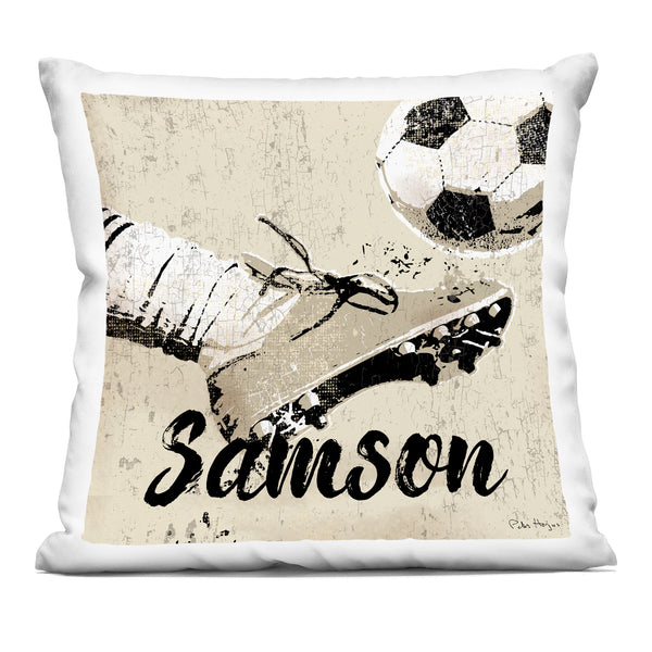stupell industries Personalized "Soccer Ball Kick" Throw Pillow with Custom Name by Peter Horjus