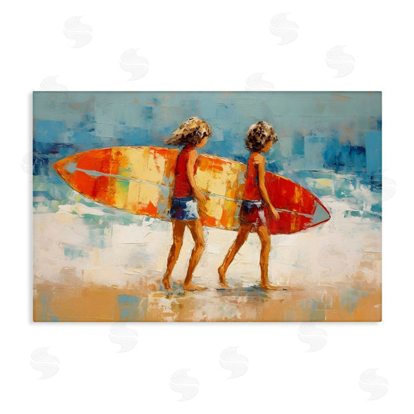 stupell industries Petal Prints Design | Kids Holding Surfboard Wall Art