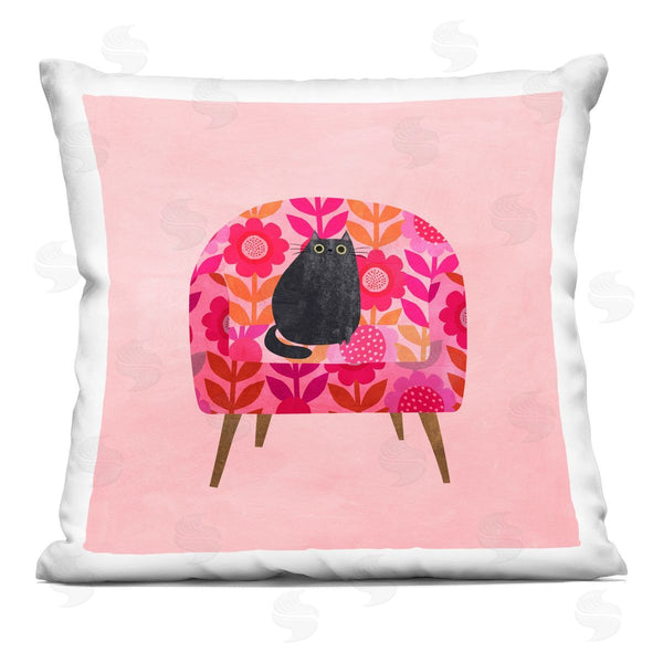 stupell industries Planet Cat by Angie Rozelaar | Cat on Retro Floral Chair Printed Throw Pillow