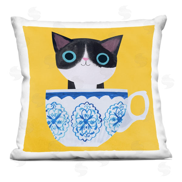 stupell industries Planet Cat by Angie Rozelaar | Teacup Kitten on Yellow Printed Throw Pillow