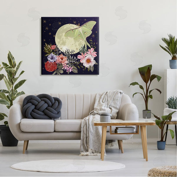Stupell Industries Raquel Maciel | Calming Nighttime Luna Moth Flying Moon Flowers Wall Art