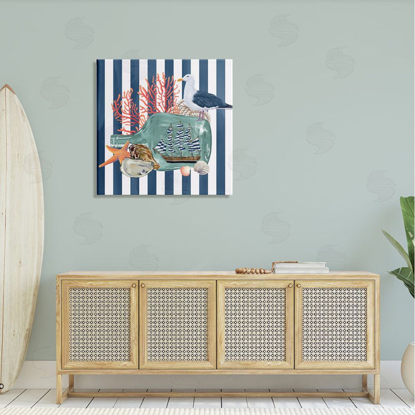 Stupell Industries Raquel Maciel | Ship In Bottle Perched Seagull Marine Life Stripes Wall Art