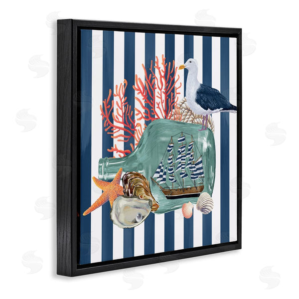Stupell Industries Raquel Maciel | Ship In Bottle Perched Seagull Marine Life Stripes Wall Art