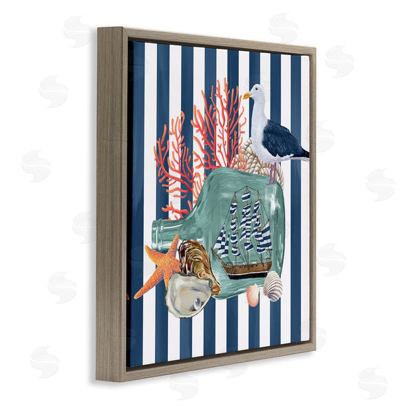 Stupell Industries Raquel Maciel | Ship In Bottle Perched Seagull Marine Life Stripes Wall Art