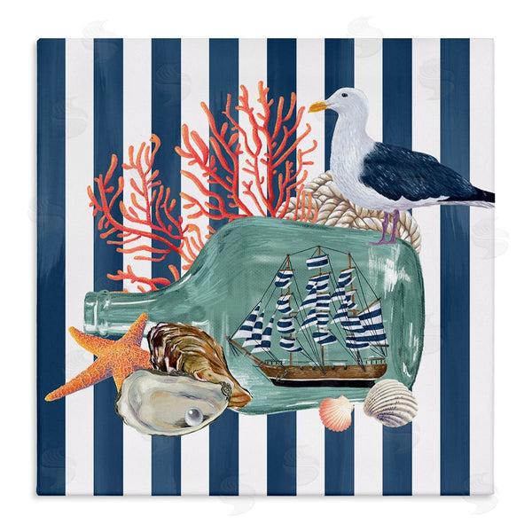 stupell industries Raquel Maciel | Ship In Bottle Perched Seagull Marine Life Stripes Wall Art