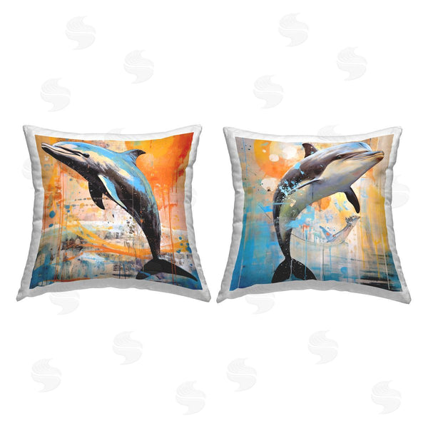 stupell industries Ray Powers | Modern Dolphins Splash Printed Throw Pillow Set