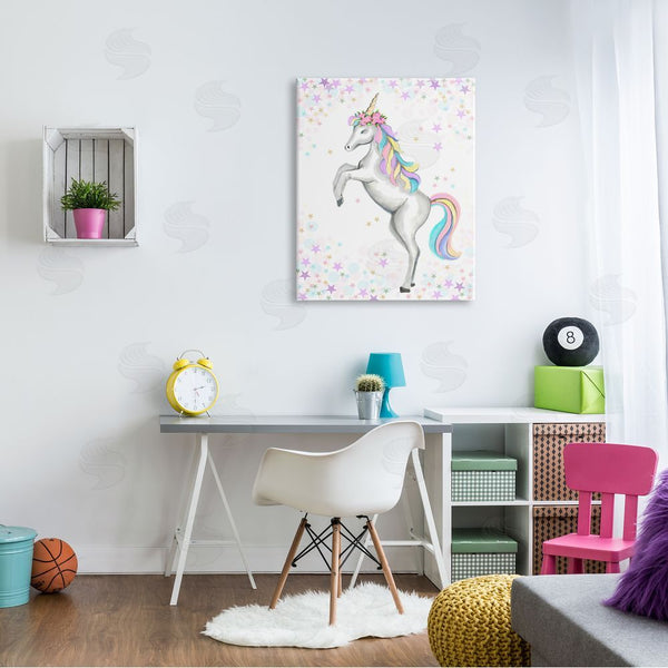 Stupell Industries Reesa Qualia | Children's Dancing Unicorn Rainbow Star Border Wall Art