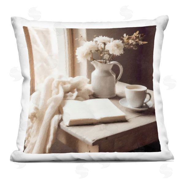 stupell industries Riley B | Neutral Morning Coffee Journaling Printed Throw Pillow
