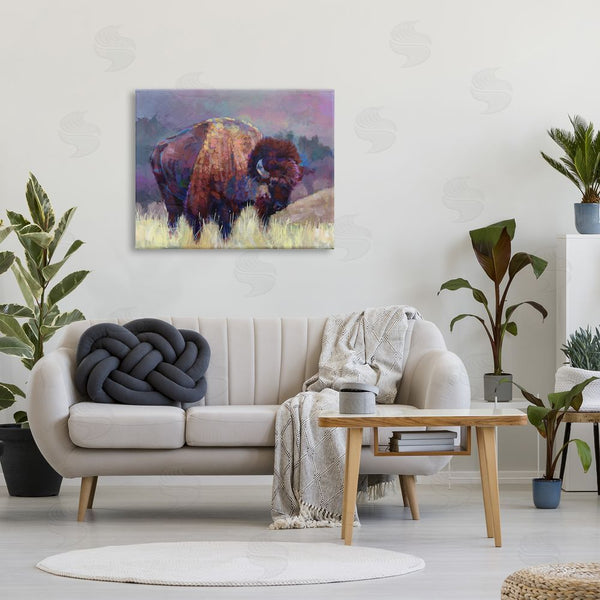 Stupell Industries Robert Jackson | Vibrant Bison Grazing Rural Meadow Purple Landscape Wall Art