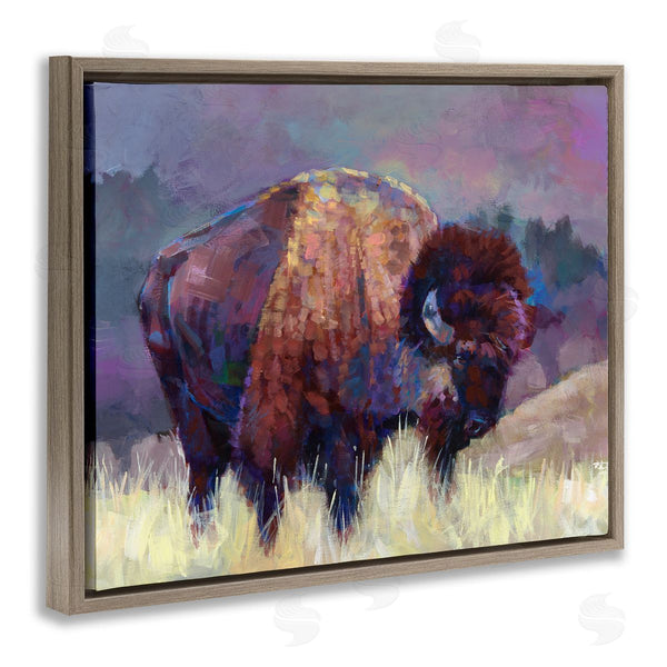 Stupell Industries Robert Jackson | Vibrant Bison Grazing Rural Meadow Purple Landscape Wall Art