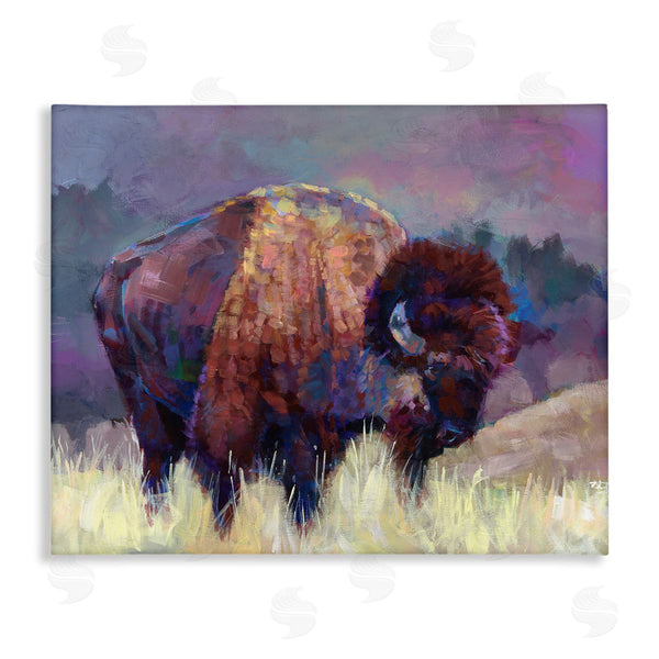stupell industries Robert Jackson | Vibrant Bison Grazing Rural Meadow Purple Landscape Wall Art
