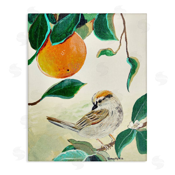 stupell industries Robin Maria | Bird Perched Orange Fruit Tree Branch Leaves Wall Art