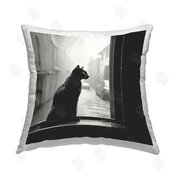 Stupell Industries Roozbeh Bahramali | Cat Gazing Rainy Window Printed Throw Pillow