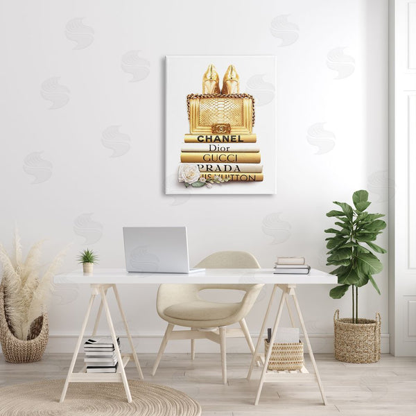 Stupell Industries Ros Ruseva | Divine Golden Fashion Purse On Glam Designer Bookstack Wall Art