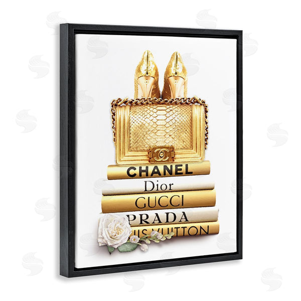 Stupell Industries Ros Ruseva | Divine Golden Fashion Purse On Glam Designer Bookstack Wall Art