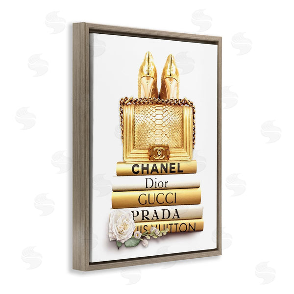 Stupell Industries Ros Ruseva | Divine Golden Fashion Purse On Glam Designer Bookstack Wall Art