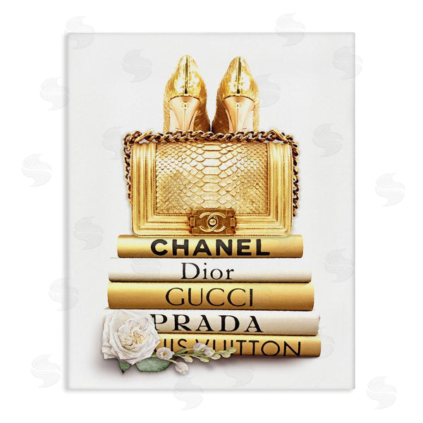 stupell industries Ros Ruseva | Divine Golden Fashion Purse on Glam Designer Bookstack Wall Art