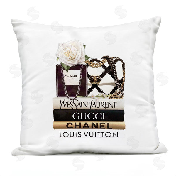 Stupell Industries Ros Ruseva | Elegant Glam Fashion Floral Bag On Bookstack Printed Throw Pillow