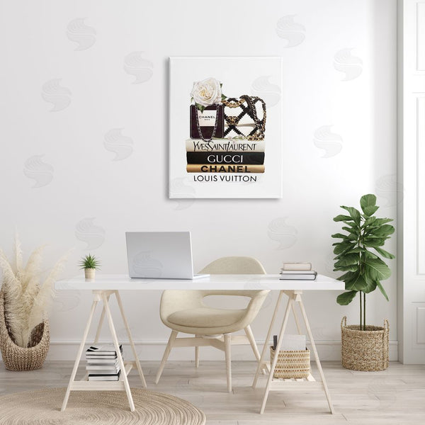 Stupell Industries Ros Ruseva | Elegant Glam Fashion Floral Bag On Bookstack Wall Art