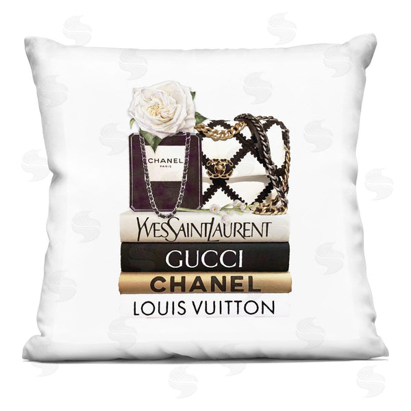 stupell industries Ros Ruseva | Elegant Glam Fashion Floral Bag on Bookstack Printed Throw Pillow