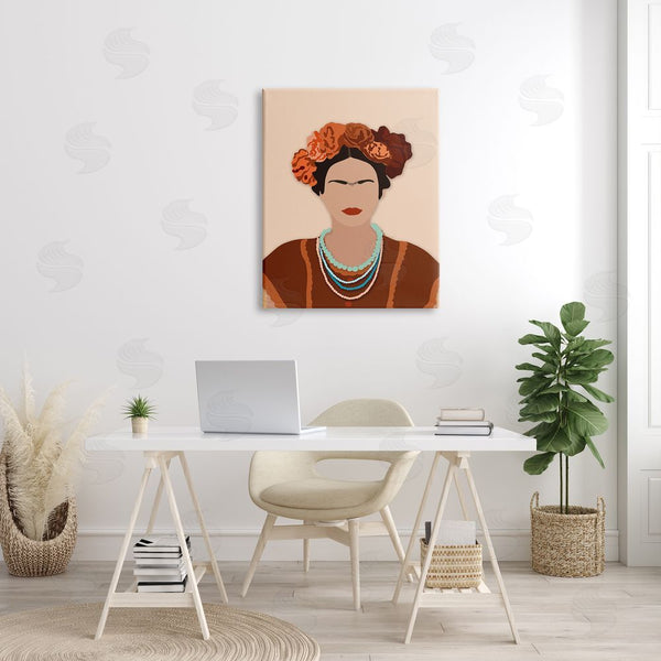 Stupell Industries Ros Ruseva | Frida Artist Portrait Orange Floral Blue Bead Necklace Wall Art