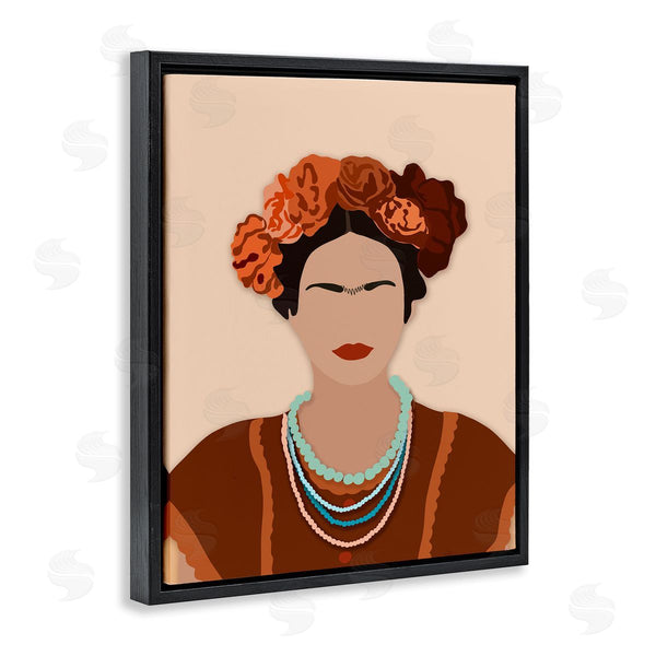 Stupell Industries Ros Ruseva | Frida Artist Portrait Orange Floral Blue Bead Necklace Wall Art