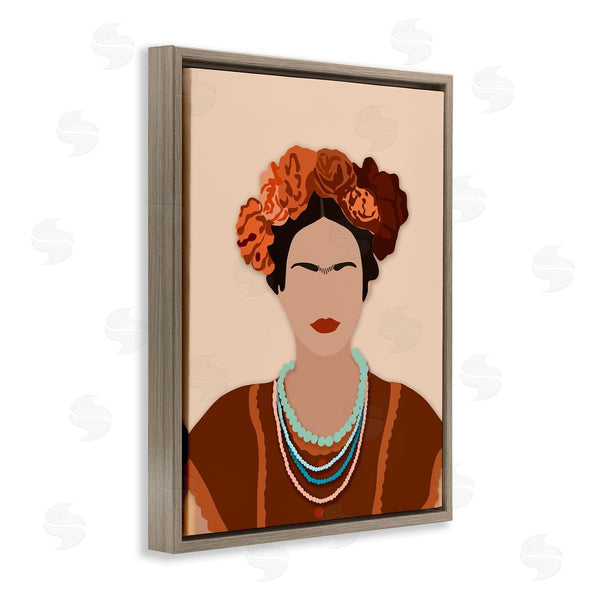 Stupell Industries Ros Ruseva | Frida Artist Portrait Orange Floral Blue Bead Necklace Wall Art
