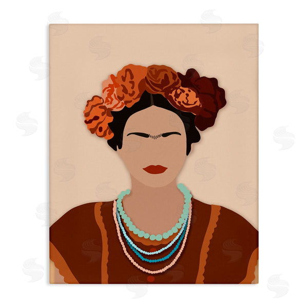 stupell industries Ros Ruseva | Frida Artist Portrait Orange Floral Blue Bead Necklace Wall Art