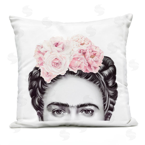 Stupell Industries Ros Ruseva | Frida With Pink Roses Powerful Full Eyed Portrait Printed Throw Pillow