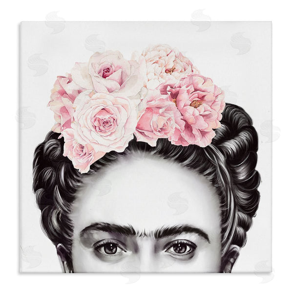 stupell industries Ros Ruseva | Frida With Pink Roses Powerful Full Eyed Portrait Wall Art