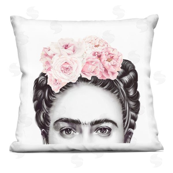 stupell industries Ros Ruseva | Frida With Pink Roses Powerful Full Eyed Portrait Printed Throw Pillow
