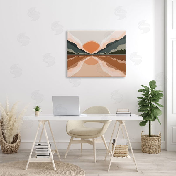 Stupell Industries Ros Ruseva | Misty Sunrise Geometric Green Mountain Lake Reflection Wall Art