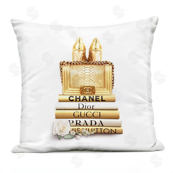 Stupell Industries Ros Ruseva | Radiant Upscale Fashion Purse Designer Bookstack Printed Throw Pillow