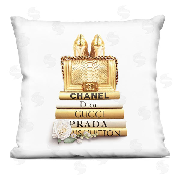 stupell industries Ros Ruseva | Radiant Upscale Fashion Purse Designer Bookstack Printed Throw Pillow