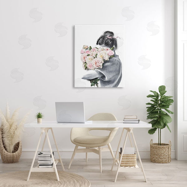 Stupell Industries Ros Ruseva | Woman Smelling Bouquet Pink Pop Rose Florals Wall Art