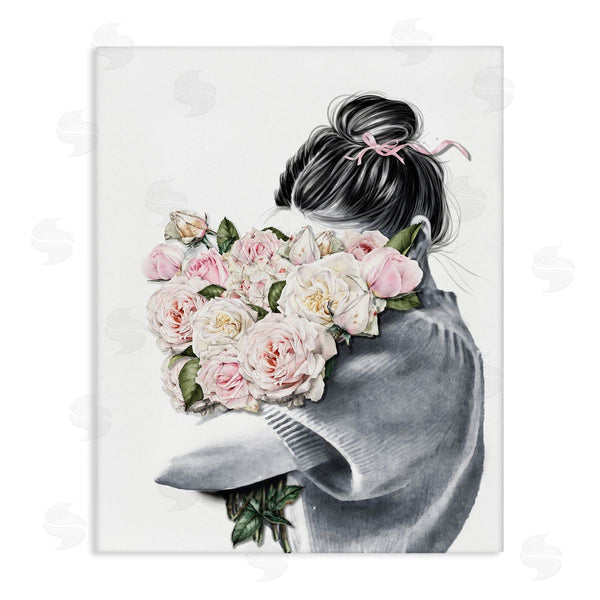 stupell industries Ros Ruseva | Woman Smelling Bouquet Pink Pop Rose Florals Wall Art
