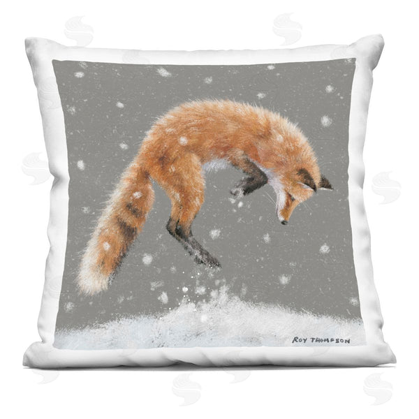 stupell industries Roy Thompson | Jumping Fox Snowy Winter Scene Printed Throw Pillow