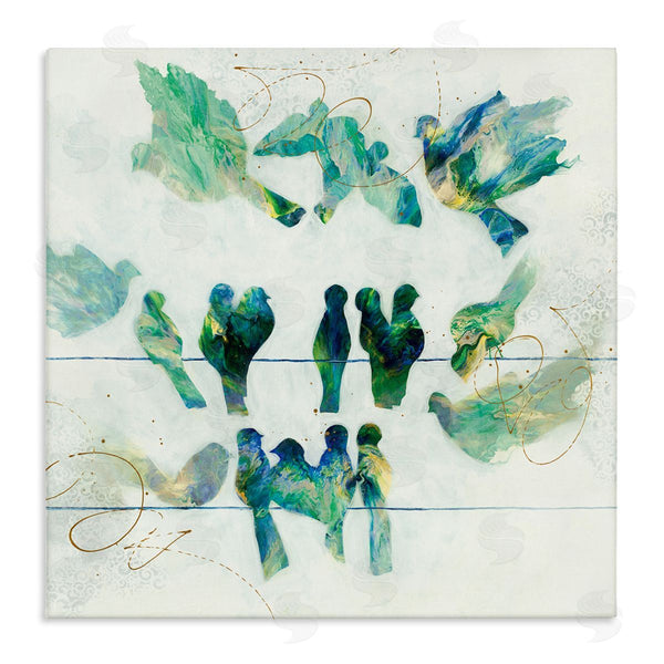 stupell industries Ruth Fromstein | Birds on Clothes Line Swirling Blue Green Pattern Wall Art