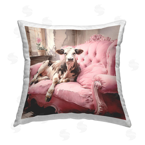 stupell industries Ryley Gray | Cow on Pink Antique Couch Printed Throw Pillow