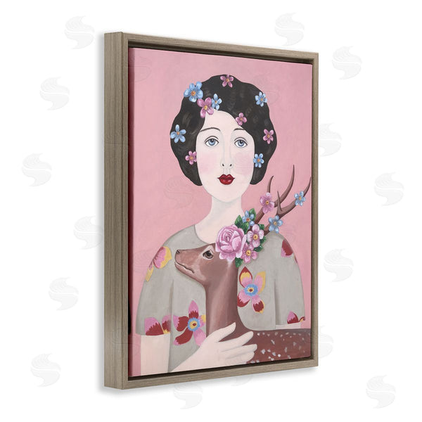Stupell Industries Sally B | Woman And Deer Pink Animal Painting