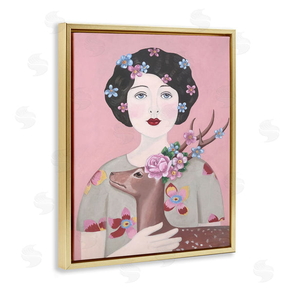Stupell Industries Sally B | Woman And Deer Pink Animal Painting