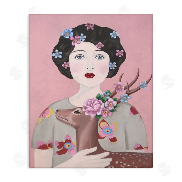 stupell industries Sally B | Woman And Deer Pink Animal Painting