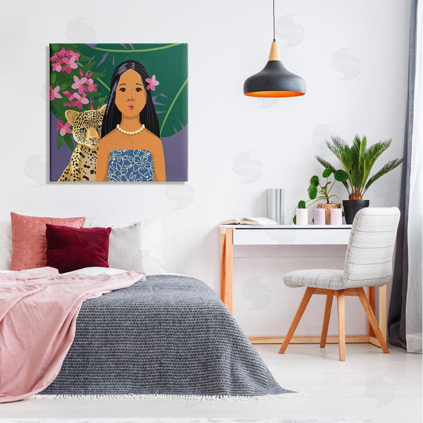 Stupell Industries Sally Springer Griffith | Portrait Girl Leopard Friend Pink Flowers Leaves Wall Art