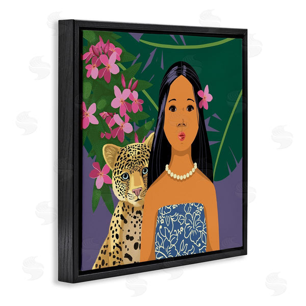 Stupell Industries Sally Springer Griffith | Portrait Girl Leopard Friend Pink Flowers Leaves Wall Art