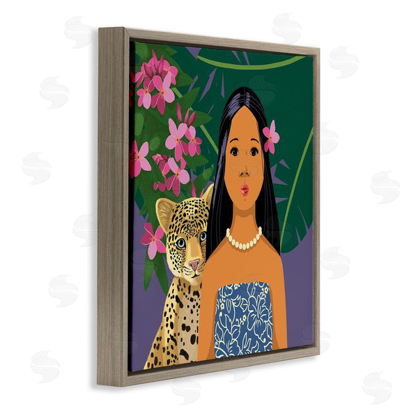 Stupell Industries Sally Springer Griffith | Portrait Girl Leopard Friend Pink Flowers Leaves Wall Art