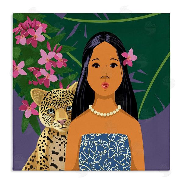 stupell industries Sally Springer Griffith | Portrait Girl Leopard Friend Pink Flowers Leaves Wall Art