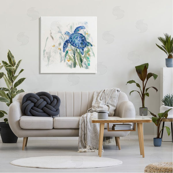 Stupell Industries Sally Swatland | Beautiful Blue Sea Turtle Swimming Plants Painting Wall Art