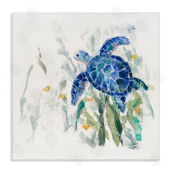 stupell industries Sally Swatland | Beautiful Blue Sea Turtle Swimming Plants Painting Wall Art