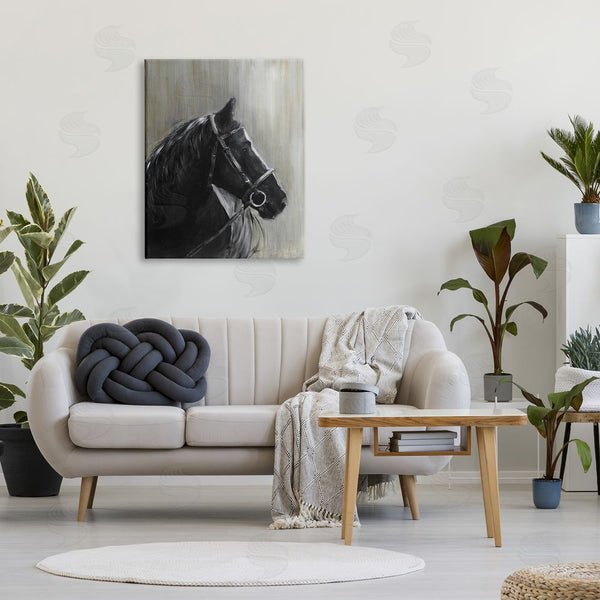 Stupell Industries Sally Swatland | Black Horse In Bridle Solemn Equestrian Portrait Wall Art