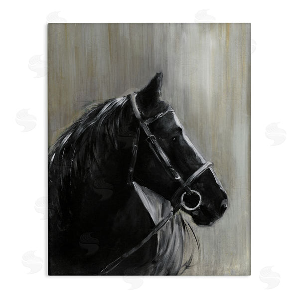 stupell industries Sally Swatland | Black Horse in Bridle Solemn Equestrian Portrait Wall Art